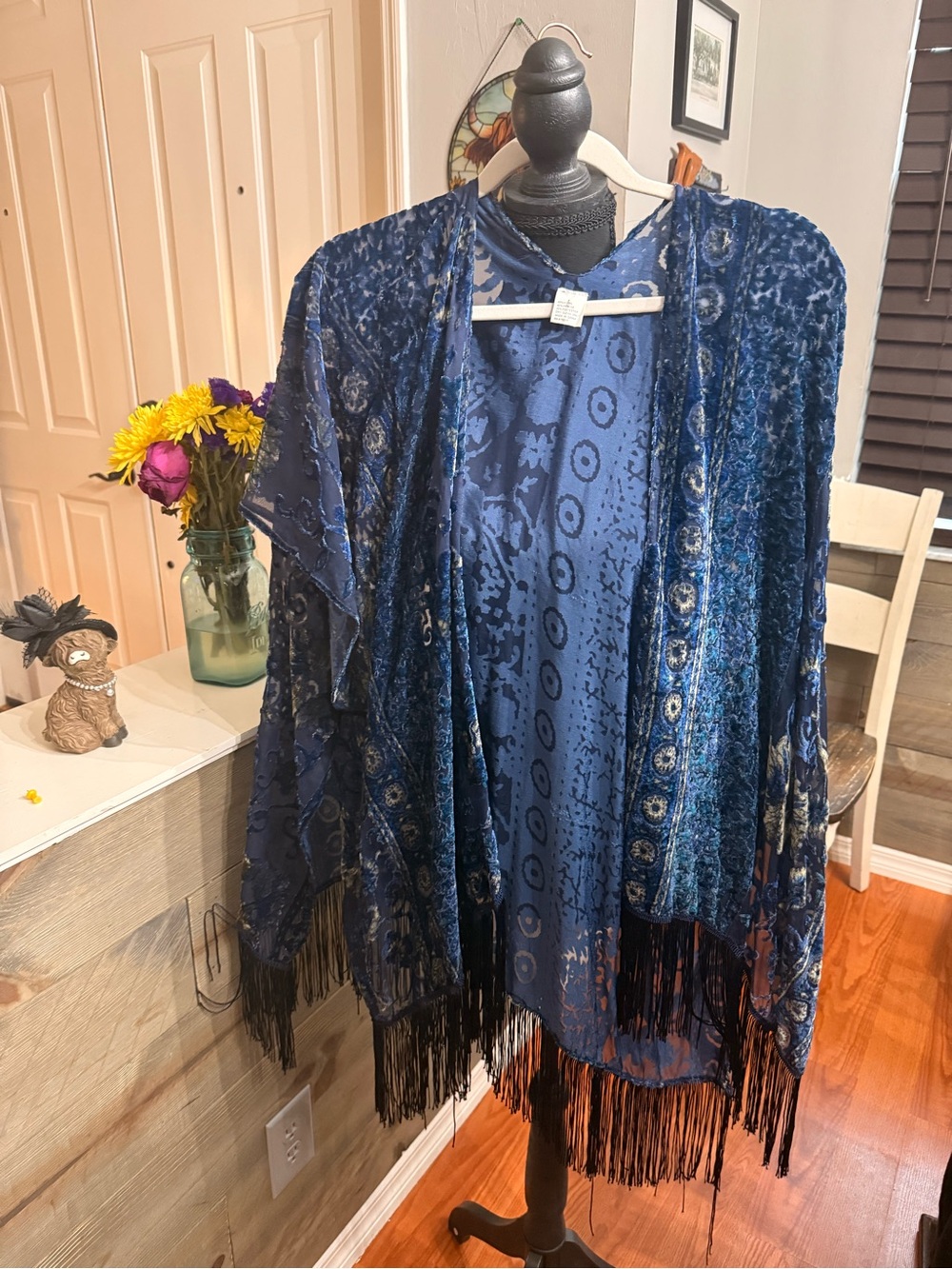 Dress Barn Blue Patterned Fringe Kimono